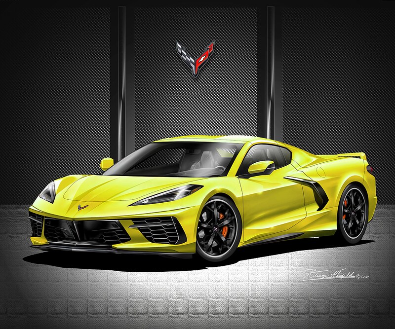 C8 Chevrolet Corvette Stingray Art Prints by Danny Whitfield | ACCELRATE YELLOW- BLACK 5DF WHEELS | Car Enthusiast Wall Art